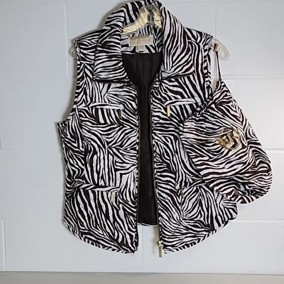 Michael Kors Woman's Puffer Jkt Lightweight Vest Gold Hardware Brown White Zebra - Picture 11 of 11